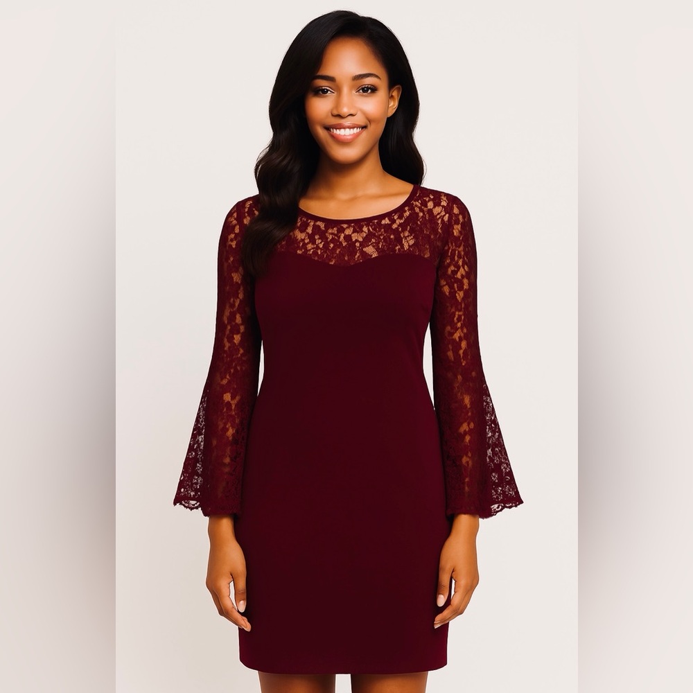 Wine Red Cocktail Dress with Lace and Bell Sleeves